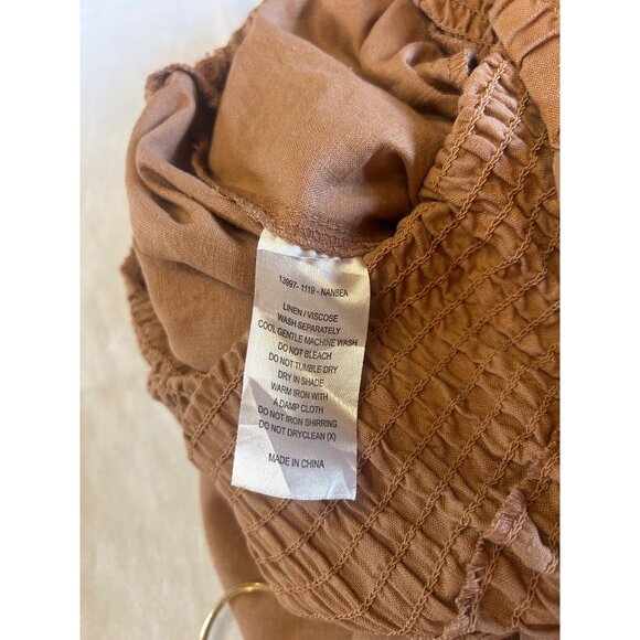 Sass Womens 12 Tan Smocked Jumpsuit Ruffle Straps Linen Blend Comfort Beachy - Picture 7 of 11